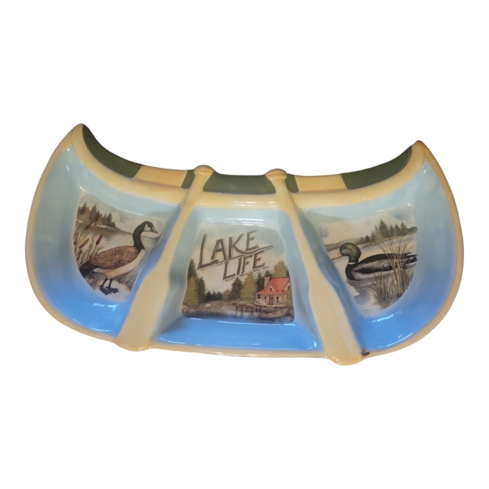 Vtg Lake Life Susan Winget Canoe Shape Relish Dip Hors d'oeuvre Sectioned Bowl